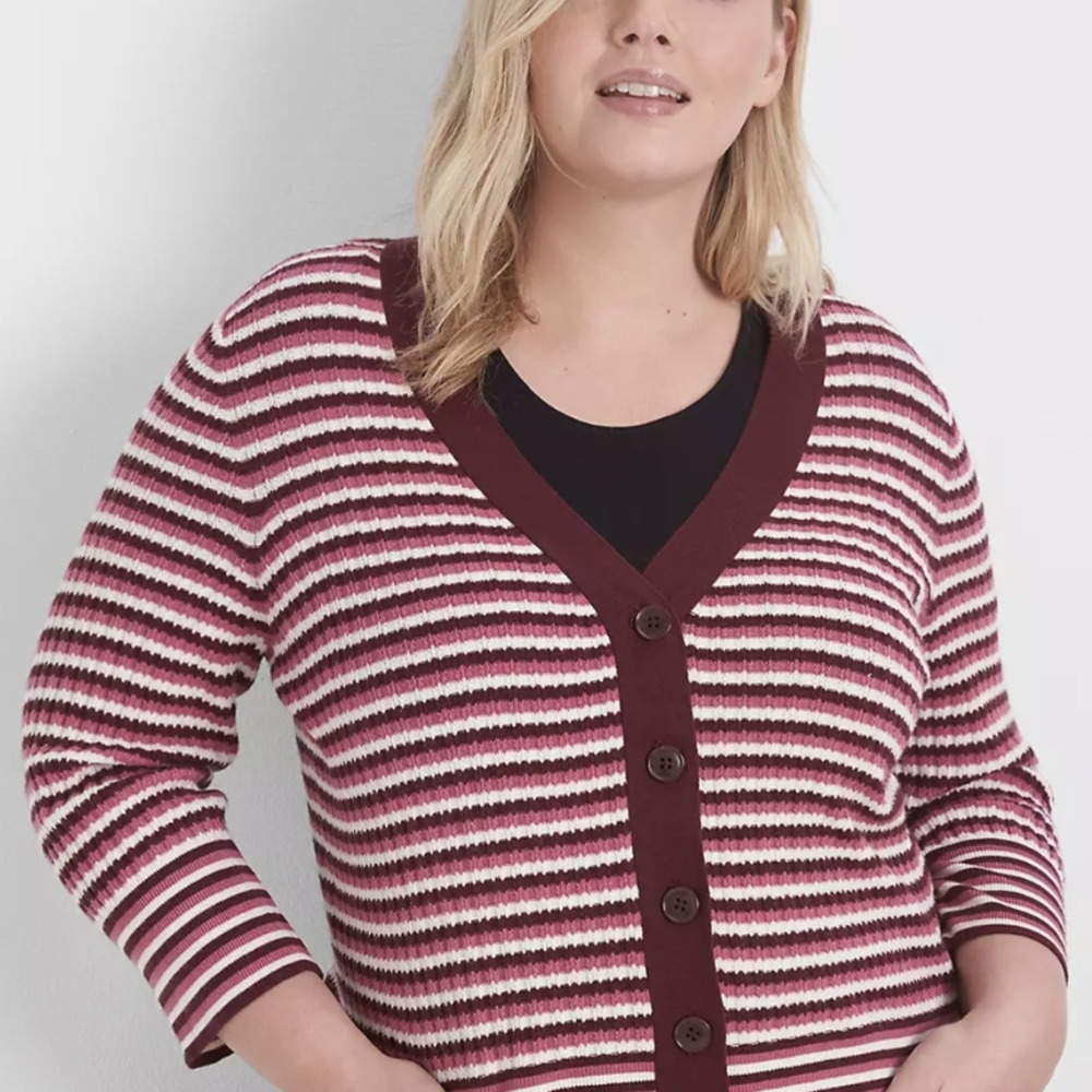 Lane Bryant Burgundy and White Striped Cardigan 90s Vibe